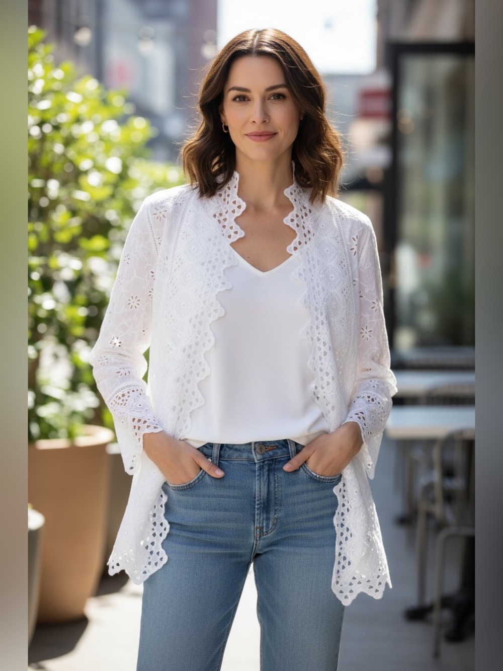 Lauren Ralph Lauren White Lace Eyelet Embroidered Open-Front Duster